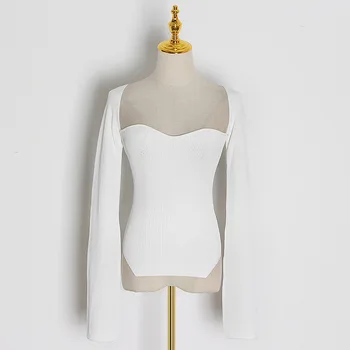Žiemos 2020 ilgomis Rankovėmis Balti Megzti marškinėliai Moterims Ponios Sexy Fashion Square Apykaklės Medvilnės marškinėliai Office Elegantiškas Pagrindinės Viršūnės