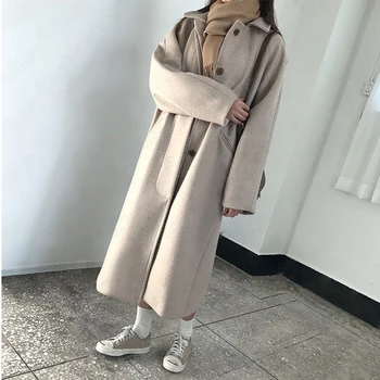 Žiemos Smėlio Spalvos Elegantiškas Vilnos Paltai Moterims Korėjos Mados Juoda Ilgi Paltai Derliaus Minimalistinio Vilnonis Paltas Kupranugaris Negabaritinių Outwear