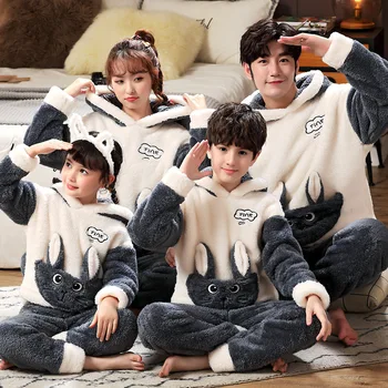 Žiemos Tėvų-Vaikų Pajama nustatyti Vaikų Flanelė Pižamos Sutirštės Pliušinis Hoodie Ilgas Rankovėmis Gyvūnų Panda Moterys Vyrai Homewear