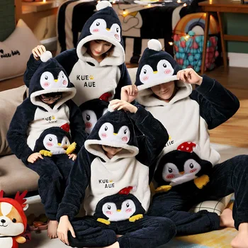 Žiemos Tėvų-Vaikų Pajama nustatyti Vaikų Flanelė Pižamos Sutirštės Pliušinis Hoodie Ilgas Rankovėmis Gyvūnų Panda Moterys Vyrai Homewear