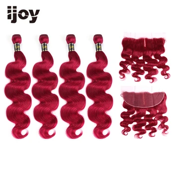 Žmogaus Plaukų Ryšulius Su 4×13 Nėrinių Priekinės Kūno Bangos Plaukai Spalvos Bordo Raudona Brazilijos Plaukų Black Moterys Ne Remy IJOY